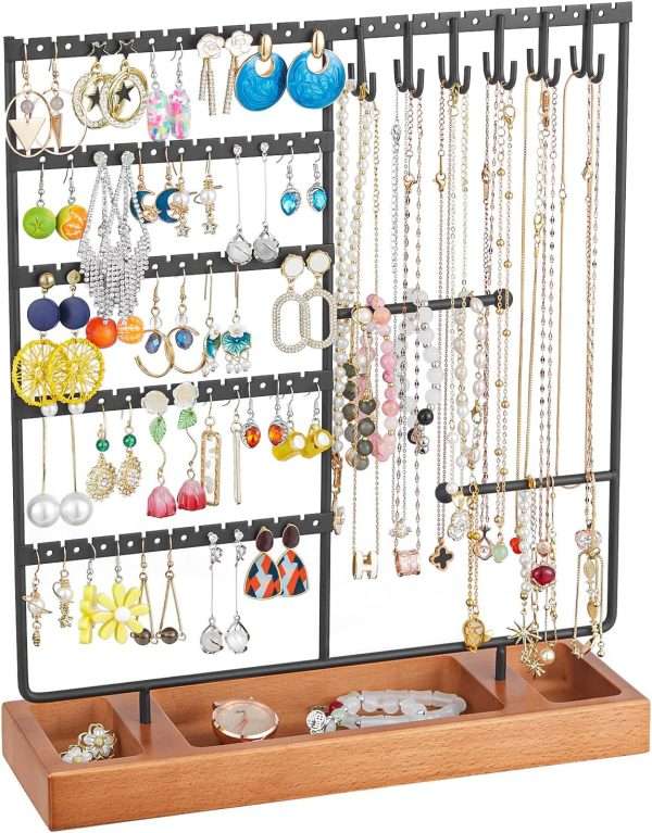X-cosrack Earring Holder,5-Tier Ear Stud Holder with Wooden Tray,Jewelry Organizer Holder for Earrings Necklaces Bracelets Watches and Rings,Earring Display Stand with 132 Holes,Black - 1
