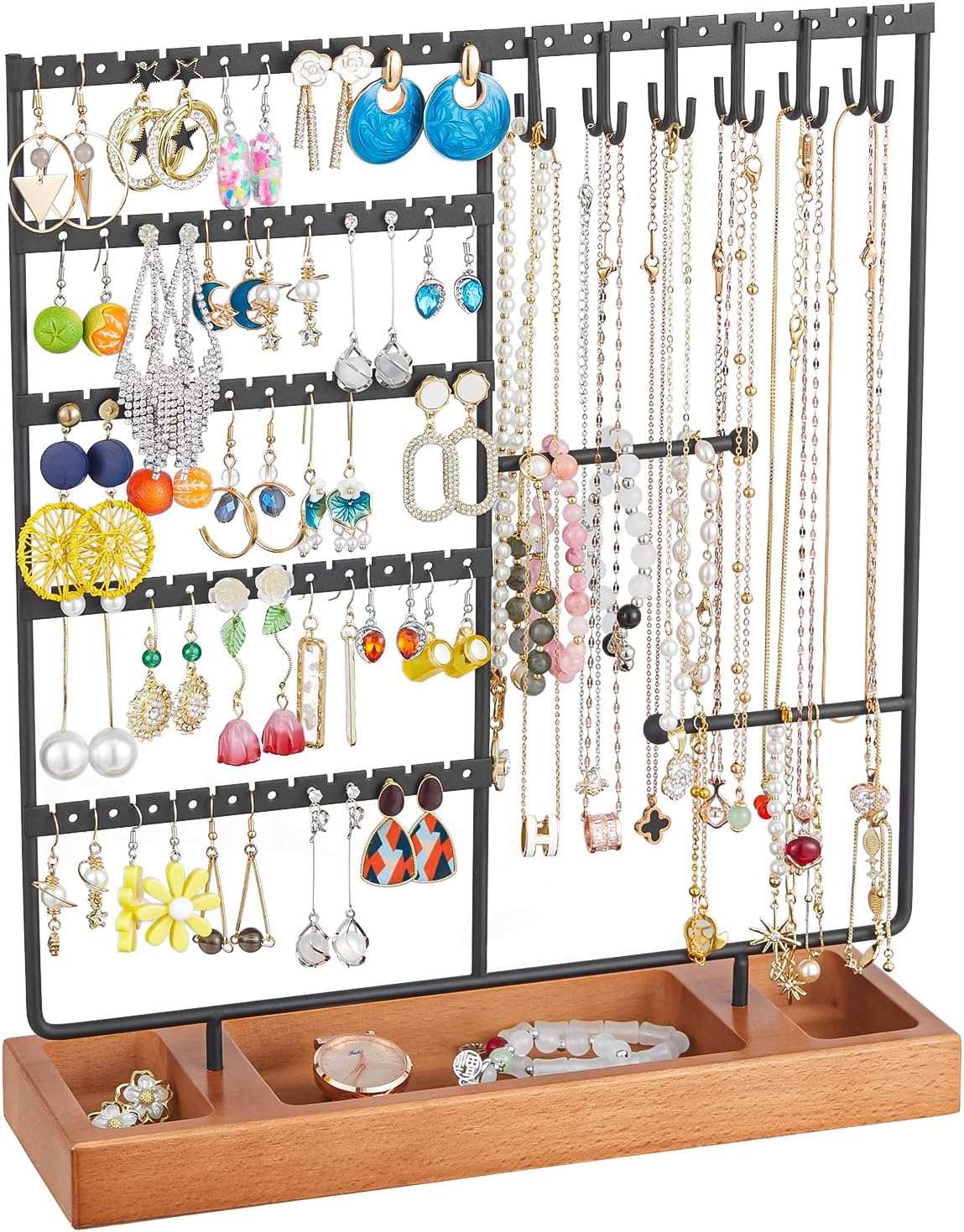X-cosrack Earring Holder,5-Tier Ear Stud Holder with Wooden Tray,Jewelry Organizer Holder for Earrings Necklaces Bracelets Watches and Rings,Earring Display Stand with 132 Holes,Black - 1