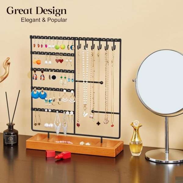 X-cosrack Earring Holder,5-Tier Ear Stud Holder with Wooden Tray,Jewelry Organizer Holder for Earrings Necklaces Bracelets Watches and Rings,Earring Display Stand with 132 Holes,Black - 2