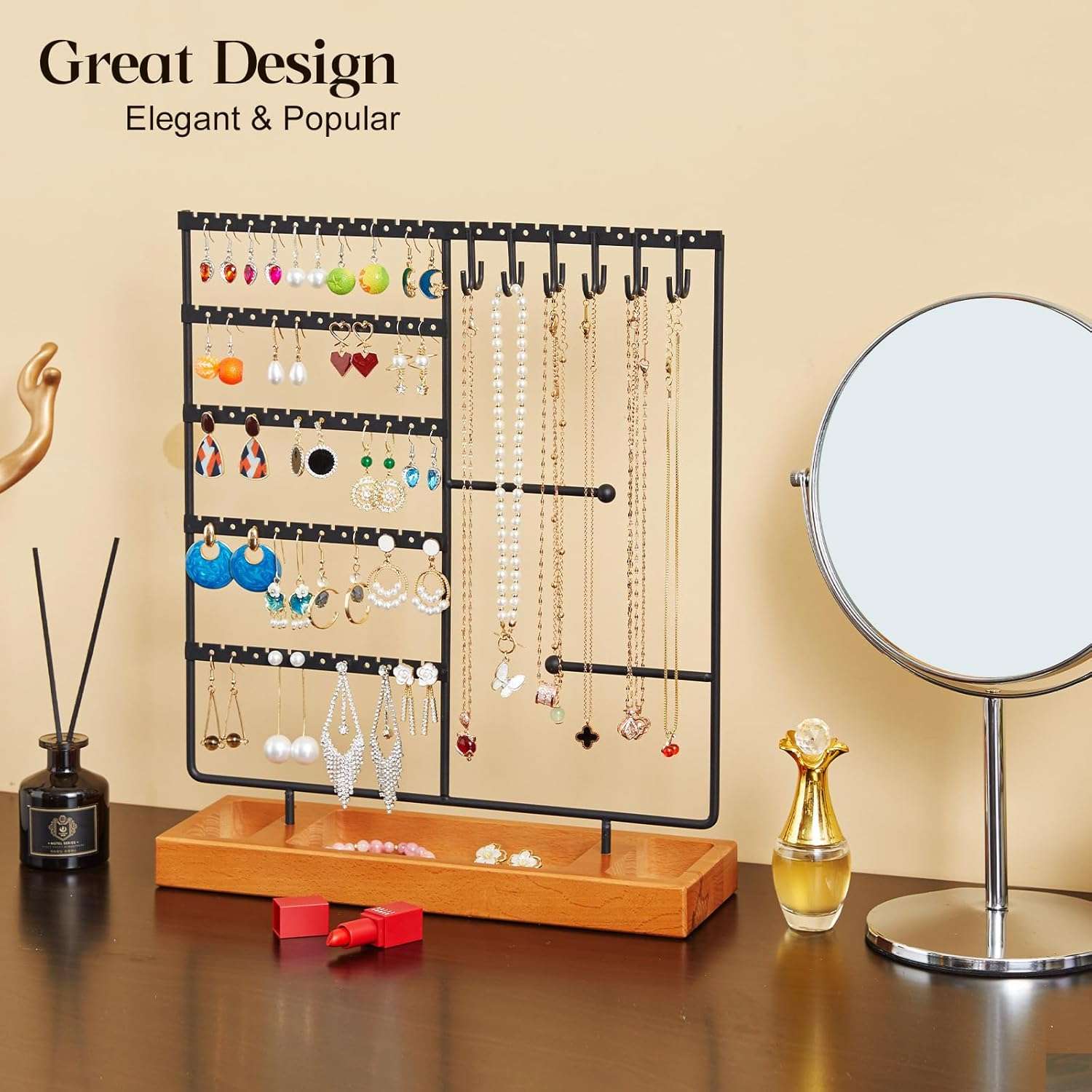 X-cosrack Earring Holder,5-Tier Ear Stud Holder with Wooden Tray,Jewelry Organizer Holder for Earrings Necklaces Bracelets Watches and Rings,Earring Display Stand with 132 Holes,Black - 2