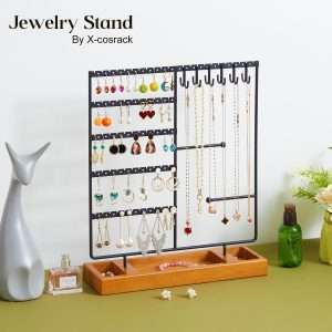 X-cosrack Earring Holder,5-Tier Ear Stud Holder with Wooden Tray,Jewelry Organizer Holder for Earrings Necklaces Bracelets Watches and Rings,Earring Display Stand with 132 Holes,Black - 3