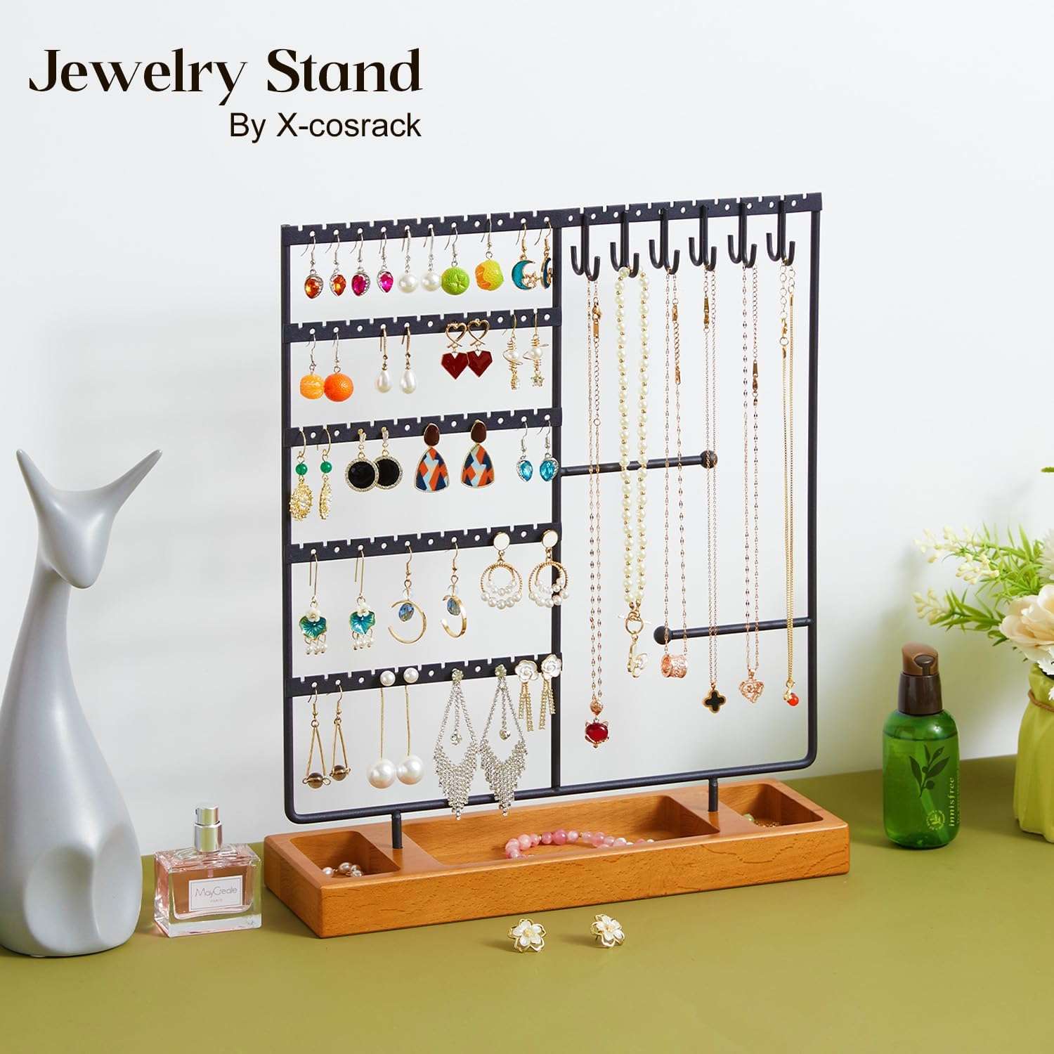 X-cosrack Earring Holder,5-Tier Ear Stud Holder with Wooden Tray,Jewelry Organizer Holder for Earrings Necklaces Bracelets Watches and Rings,Earring Display Stand with 132 Holes,Black - 3