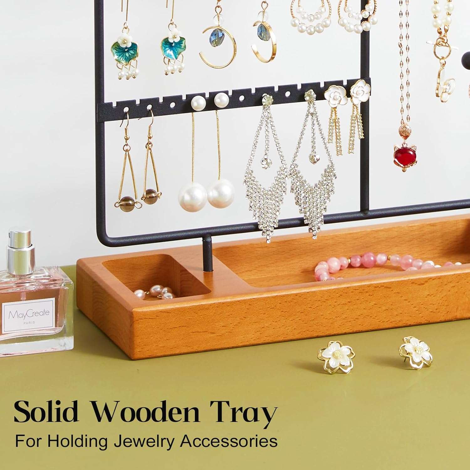 X-cosrack Earring Holder,5-Tier Ear Stud Holder with Wooden Tray,Jewelry Organizer Holder for Earrings Necklaces Bracelets Watches and Rings,Earring Display Stand with 132 Holes,Black - 4