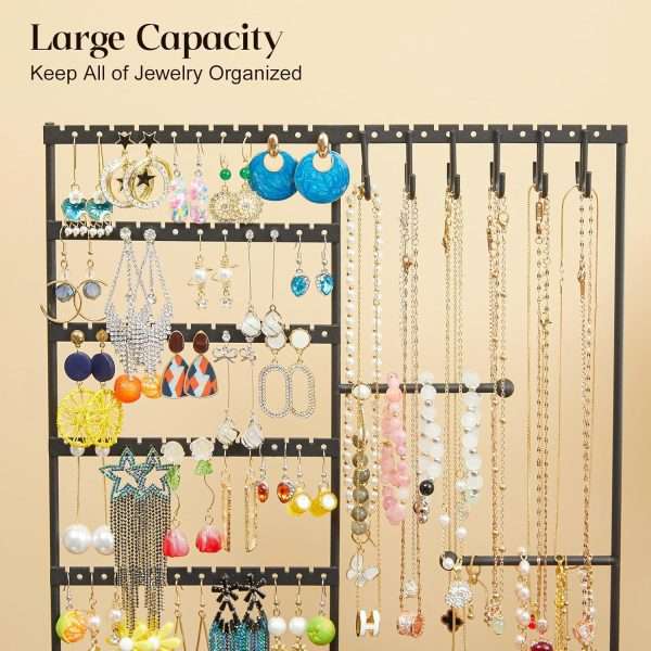 X-cosrack Earring Holder,5-Tier Ear Stud Holder with Wooden Tray,Jewelry Organizer Holder for Earrings Necklaces Bracelets Watches and Rings,Earring Display Stand with 132 Holes,Black - 5