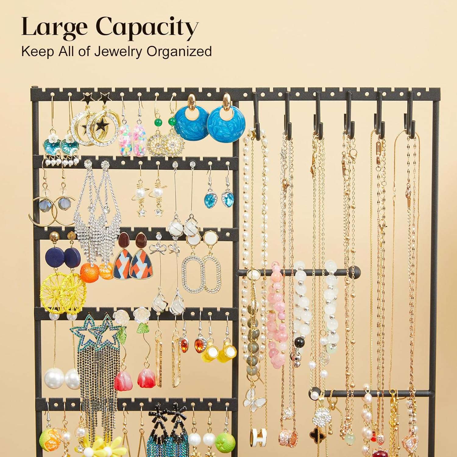 X-cosrack Earring Holder,5-Tier Ear Stud Holder with Wooden Tray,Jewelry Organizer Holder for Earrings Necklaces Bracelets Watches and Rings,Earring Display Stand with 132 Holes,Black - 5