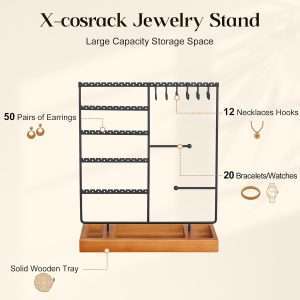 X-cosrack Earring Holder,5-Tier Ear Stud Holder with Wooden Tray,Jewelry Organizer Holder for Earrings Necklaces Bracelets Watches and Rings,Earring Display Stand with 132 Holes,Black - 6