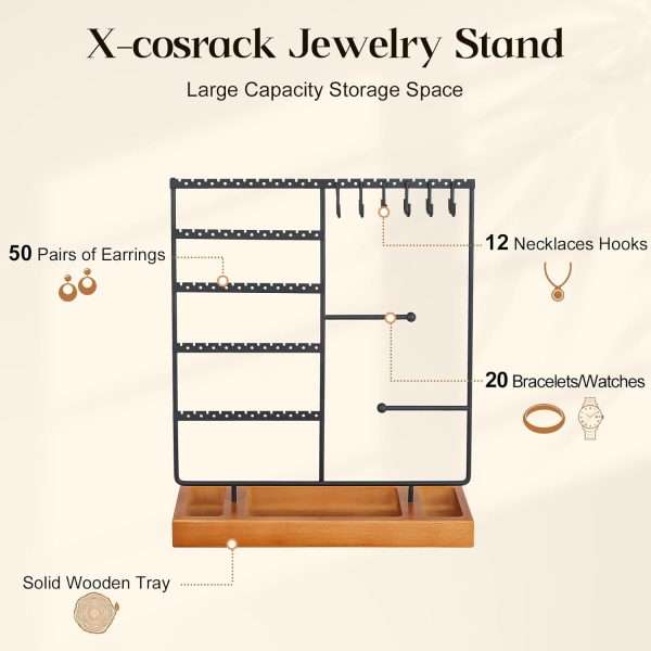 X-cosrack Earring Holder,5-Tier Ear Stud Holder with Wooden Tray,Jewelry Organizer Holder for Earrings Necklaces Bracelets Watches and Rings,Earring Display Stand with 132 Holes,Black - 6