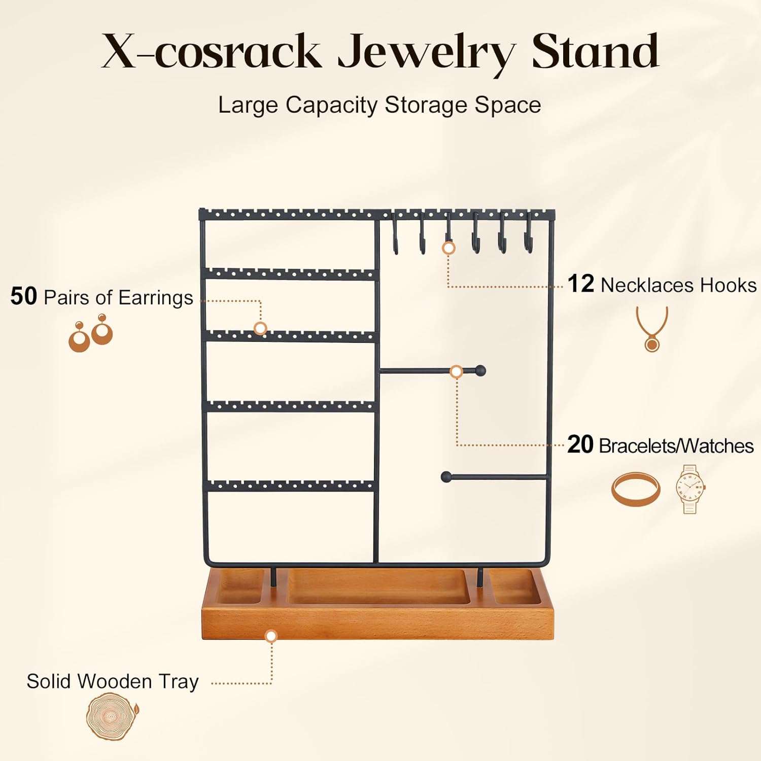 X-cosrack Earring Holder,5-Tier Ear Stud Holder with Wooden Tray,Jewelry Organizer Holder for Earrings Necklaces Bracelets Watches and Rings,Earring Display Stand with 132 Holes,Black - 6