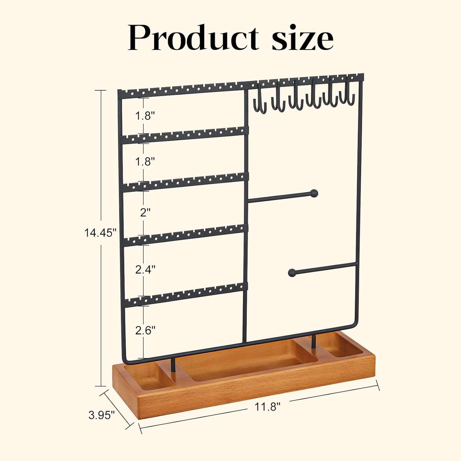 X-cosrack Earring Holder,5-Tier Ear Stud Holder with Wooden Tray,Jewelry Organizer Holder for Earrings Necklaces Bracelets Watches and Rings,Earring Display Stand with 132 Holes,Black - 7