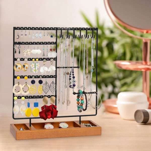 X-cosrack Earring Holder,5-Tier Ear Stud Holder with Wooden Tray,Jewelry Organizer Holder for Earrings Necklaces Bracelets Watches and Rings,Earring Display Stand with 132 Holes,Black - 8