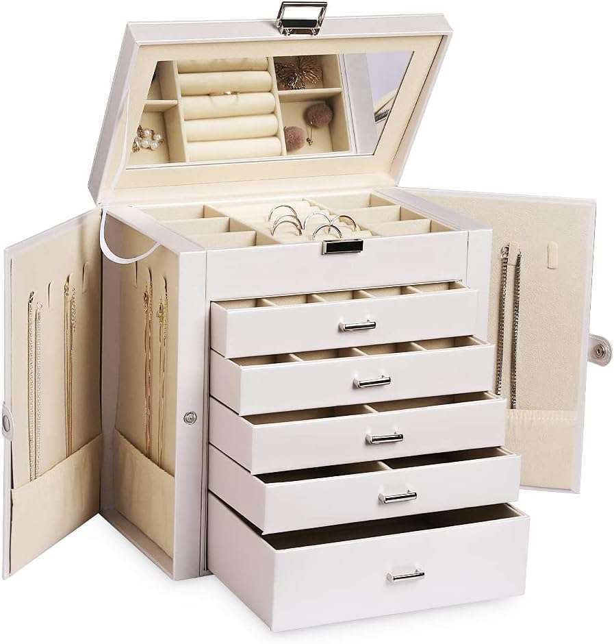 Frebeauty Large Jewelry Box,6-Tier PU Leather Jewelry Organizer,Multi-functional Storage Case with Mirror,Accessories Holder with 5 Drawers for Necklace Bracelets Watches - 1