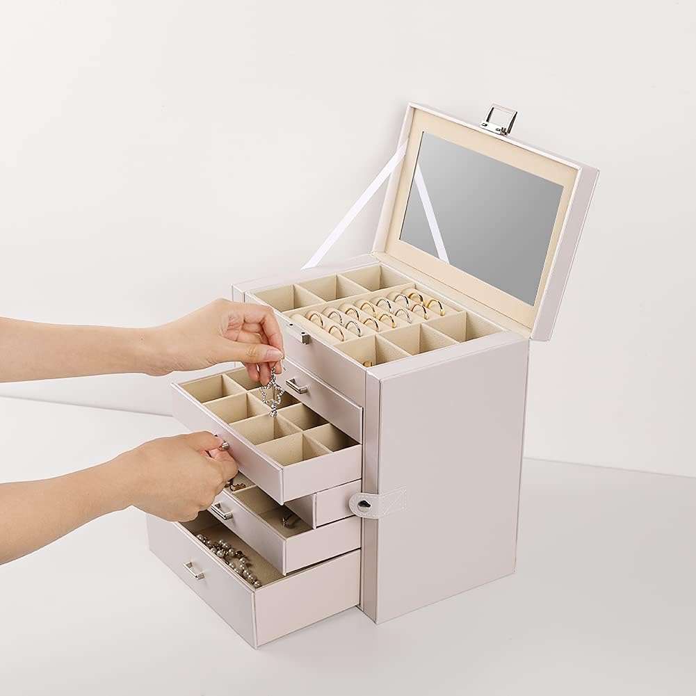 Frebeauty Large Jewelry Box,6-Tier PU Leather Jewelry Organizer,Multi-functional Storage Case with Mirror,Accessories Holder with 5 Drawers for Necklace Bracelets Watches - 3