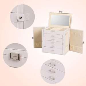Frebeauty Large Jewelry Box,6-Tier PU Leather Jewelry Organizer,Multi-functional Storage Case with Mirror,Accessories Holder with 5 Drawers for Necklace Bracelets Watches - 4