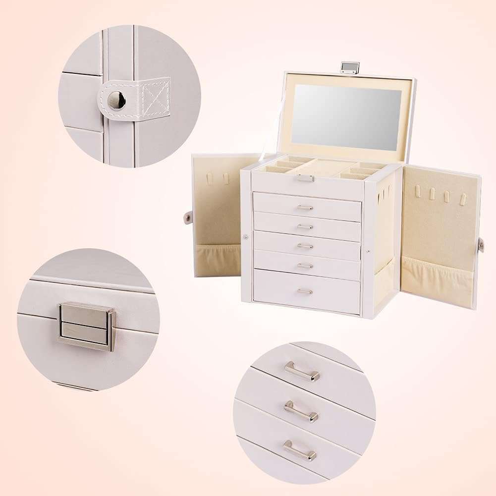 Frebeauty Large Jewelry Box,6-Tier PU Leather Jewelry Organizer,Multi-functional Storage Case with Mirror,Accessories Holder with 5 Drawers for Necklace Bracelets Watches - 4