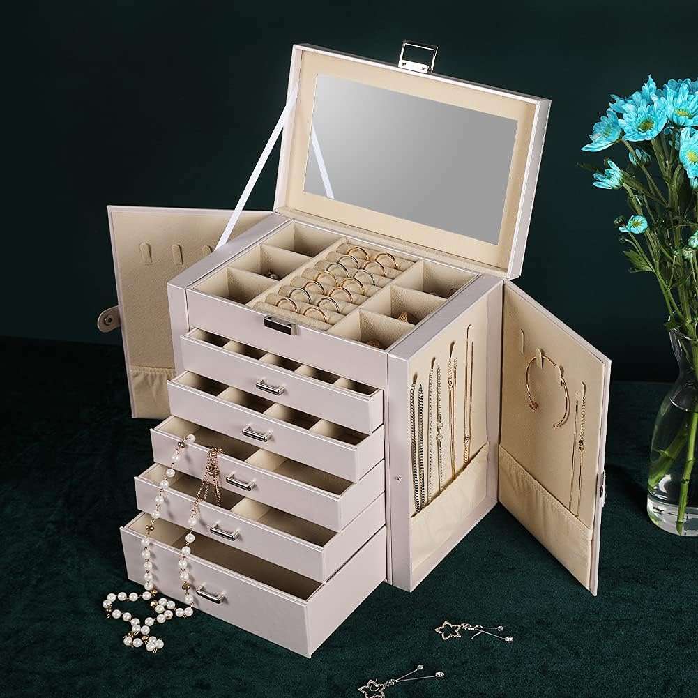 Frebeauty Large Jewelry Box,6-Tier PU Leather Jewelry Organizer,Multi-functional Storage Case with Mirror,Accessories Holder with 5 Drawers for Necklace Bracelets Watches - 5
