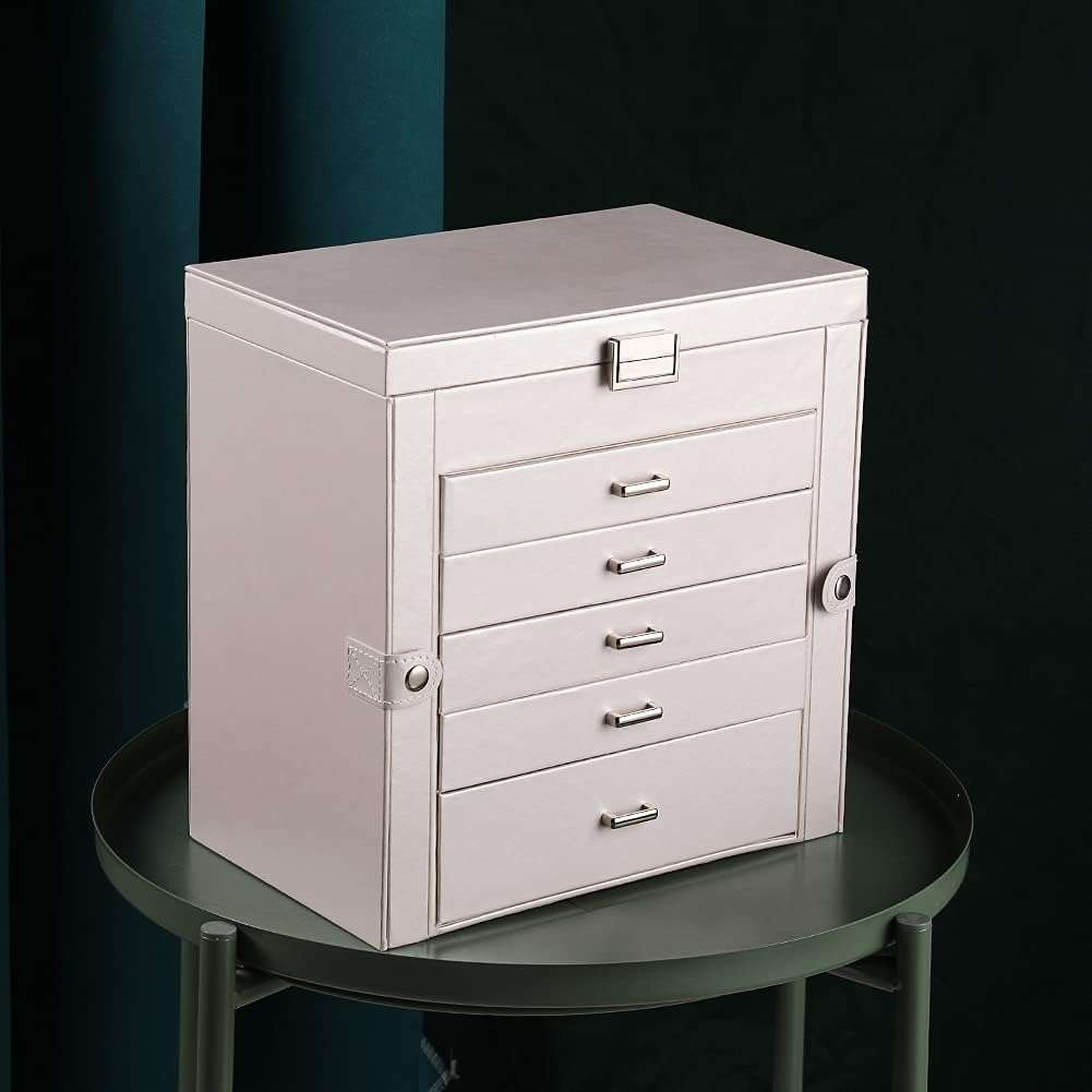 Frebeauty Large Jewelry Box,6-Tier PU Leather Jewelry Organizer,Multi-functional Storage Case with Mirror,Accessories Holder with 5 Drawers for Necklace Bracelets Watches - 6