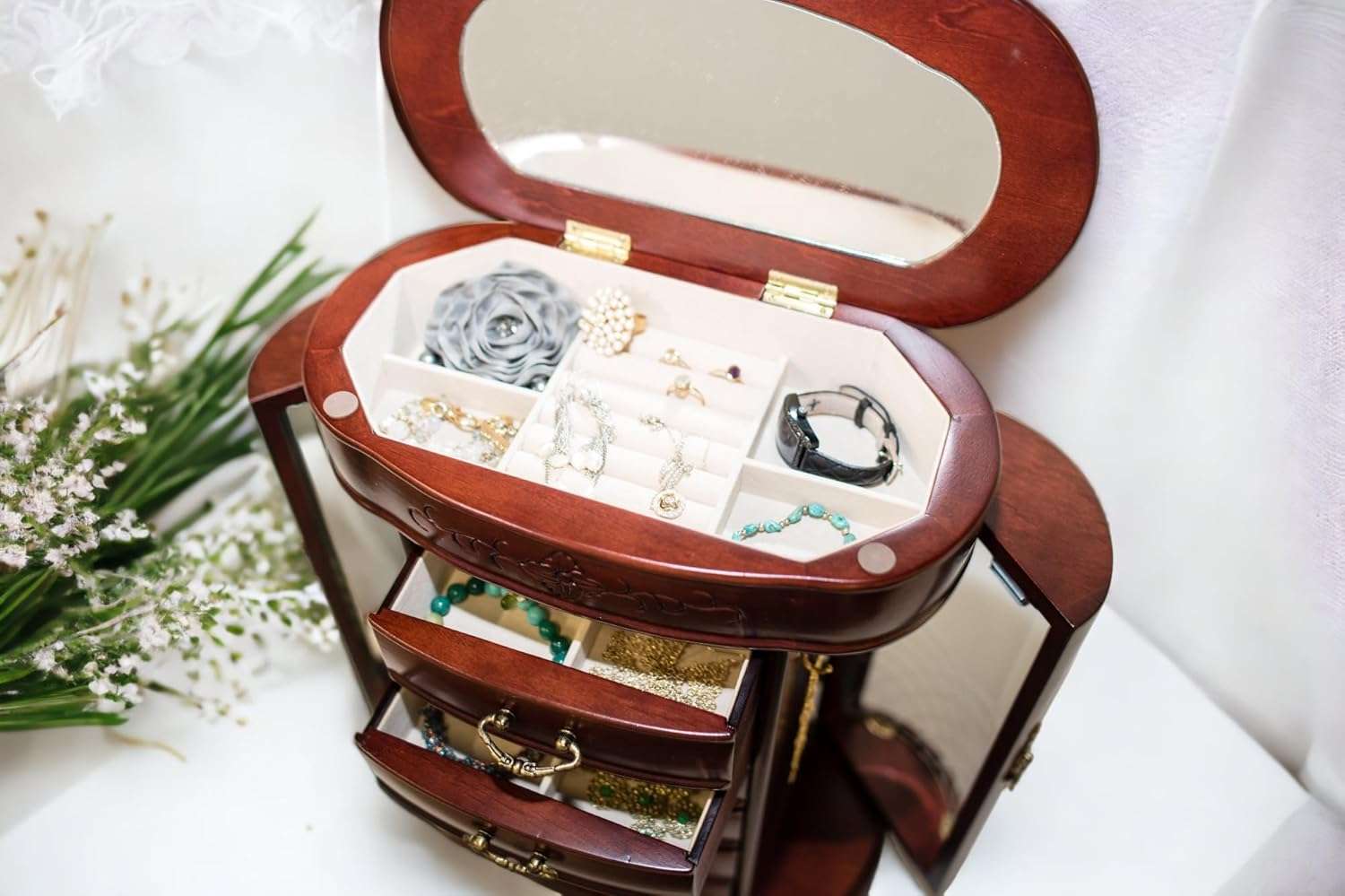 Hives and Honey Patricia Etched Glass Mahogany Jewelry Chest Jewelry Box - 2