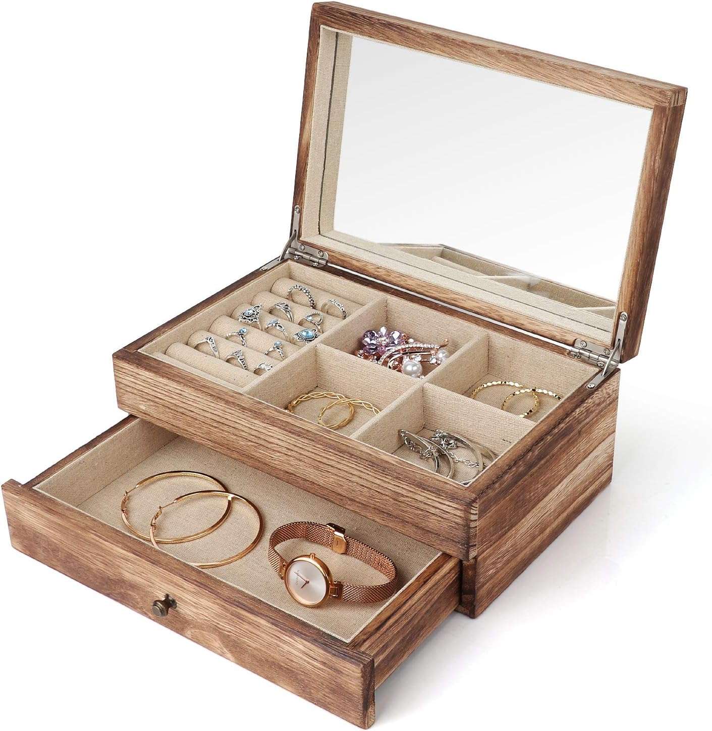 Meangood Jewelry Box Organizer for Women, 2 Layer Large Jewelry Storage Case, Rustic Wooden Jewelry Box with Mirror & Ring Tray for Necklace Earring Bracelets Rings, Vintage Style - 1