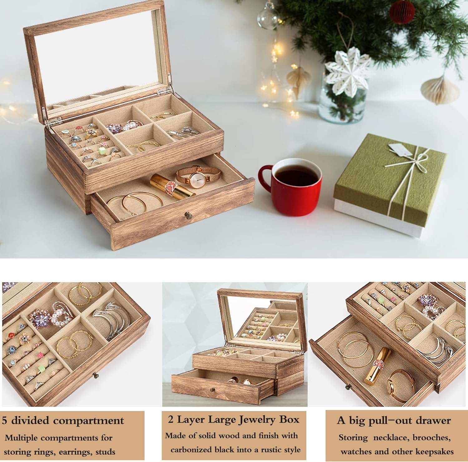 Meangood Jewelry Box Organizer for Women, 2 Layer Large Jewelry Storage Case, Rustic Wooden Jewelry Box with Mirror & Ring Tray for Necklace Earring Bracelets Rings, Vintage Style - 2