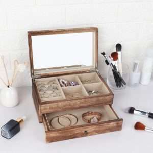 Meangood Jewelry Box Organizer for Women, 2 Layer Large Jewelry Storage Case, Rustic Wooden Jewelry Box with Mirror & Ring Tray for Necklace Earring Bracelets Rings, Vintage Style - 3