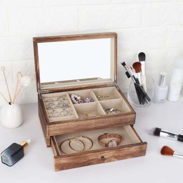 Meangood Jewelry Box Organizer for Women, 2 Layer Large Jewelry Storage Case, Rustic Wooden Jewelry Box with Mirror & Ring Tray for Necklace Earring Bracelets Rings, Vintage Style - 3