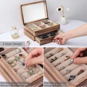 Meangood Jewelry Box Organizer for Women, 2 Layer Large Jewelry Storage Case, Rustic Wooden Jewelry Box with Mirror & Ring Tray for Necklace Earring Bracelets Rings, Vintage Style - 4