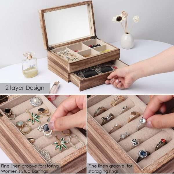 Meangood Jewelry Box Organizer for Women, 2 Layer Large Jewelry Storage Case, Rustic Wooden Jewelry Box with Mirror & Ring Tray for Necklace Earring Bracelets Rings, Vintage Style - 4