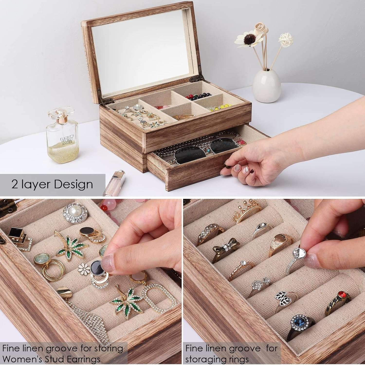 Meangood Jewelry Box Organizer for Women, 2 Layer Large Jewelry Storage Case, Rustic Wooden Jewelry Box with Mirror & Ring Tray for Necklace Earring Bracelets Rings, Vintage Style - 4