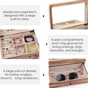 Meangood Jewelry Box Organizer for Women, 2 Layer Large Jewelry Storage Case, Rustic Wooden Jewelry Box with Mirror & Ring Tray for Necklace Earring Bracelets Rings, Vintage Style - 5
