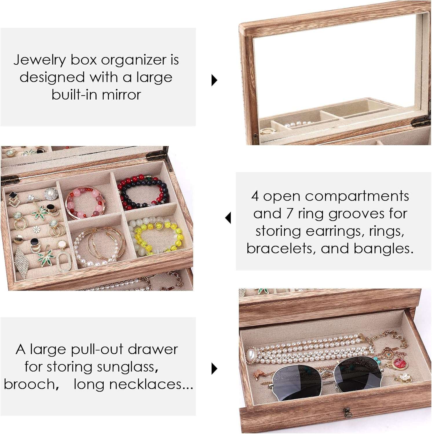 Meangood Jewelry Box Organizer for Women, 2 Layer Large Jewelry Storage Case, Rustic Wooden Jewelry Box with Mirror & Ring Tray for Necklace Earring Bracelets Rings, Vintage Style - 5