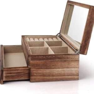 Meangood Jewelry Box Organizer for Women, 2 Layer Large Jewelry Storage Case, Rustic Wooden Jewelry Box with Mirror & Ring Tray for Necklace Earring Bracelets Rings, Vintage Style - 6