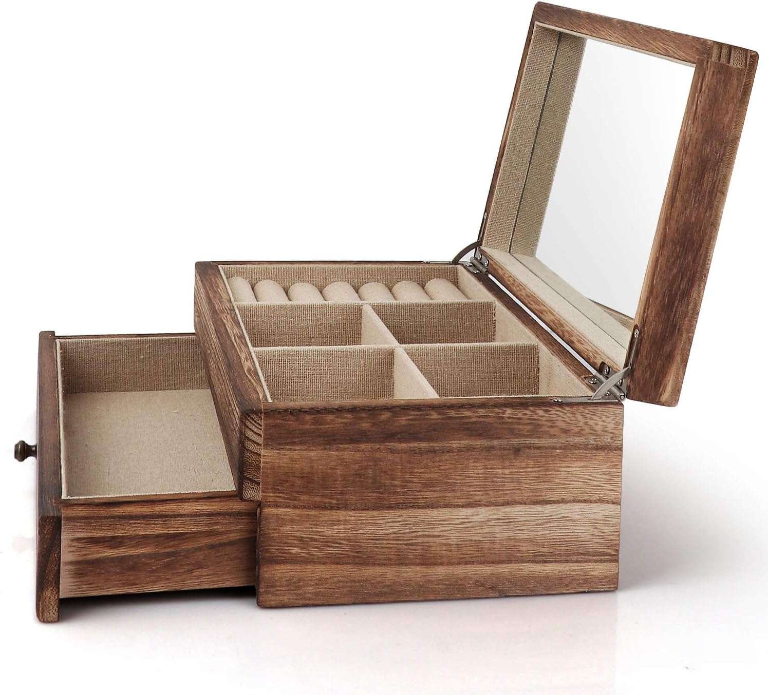 Meangood Jewelry Box Organizer for Women, 2 Layer Large Jewelry Storage Case, Rustic Wooden Jewelry Box with Mirror & Ring Tray for Necklace Earring Bracelets Rings, Vintage Style - 6