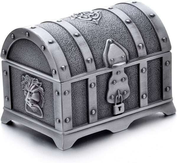 Rectangle Vintage Metal Treasure Chest Trinket Jewelry Box Gift Box Ring Case for Girls Ladies Women, Small, Tin Color - 1