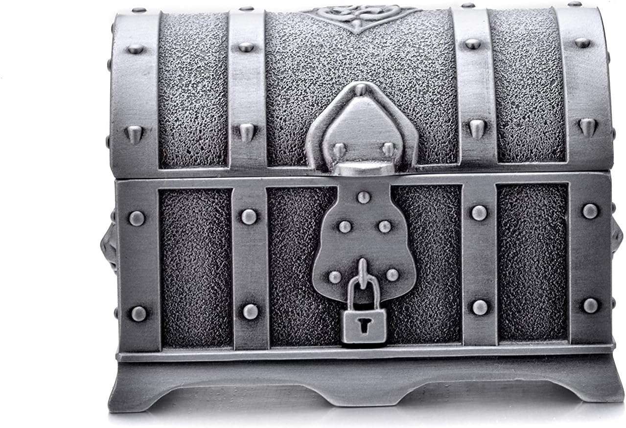 Rectangle Vintage Metal Treasure Chest Trinket Jewelry Box Gift Box Ring Case for Girls Ladies Women, Small, Tin Color - 2