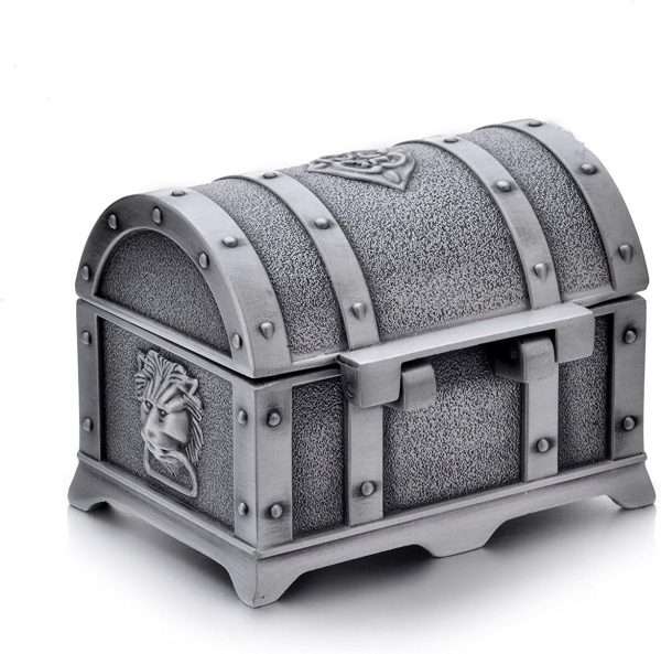 Rectangle Vintage Metal Treasure Chest Trinket Jewelry Box Gift Box Ring Case for Girls Ladies Women, Small, Tin Color - 3