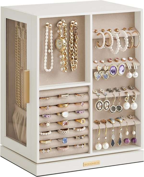 SONGMICS Jewelry Box 360° Rotating, Jewelry Storage Case with 5 Drawers, Jewelry Organizer, Glass Window, Spacious, Vertical Jewelry Storage, Open Design, Great Gift, Cloud White - 1