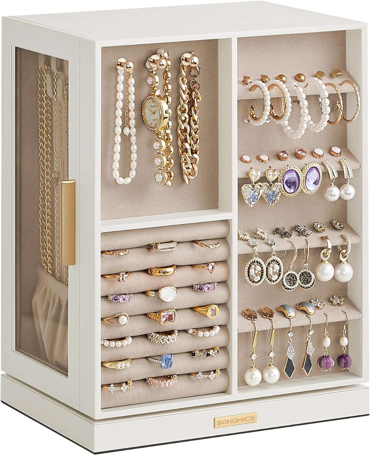 SONGMICS Jewelry Box 360° Rotating, Jewelry Storage Case with 5 Drawers, Jewelry Organizer, Glass Window, Spacious, Vertical Jewelry Storage, Open Design, Great Gift, Cloud White - 1