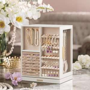 SONGMICS Jewelry Box 360° Rotating, Jewelry Storage Case with 5 Drawers, Jewelry Organizer, Glass Window, Spacious, Vertical Jewelry Storage, Open Design, Great Gift, Cloud White - 2