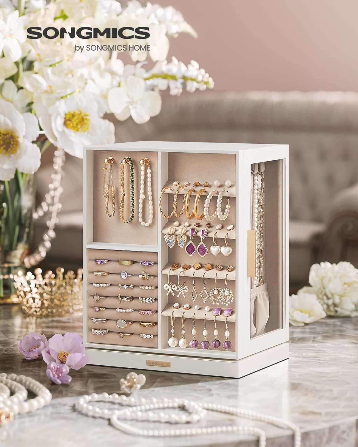 SONGMICS Jewelry Box 360° Rotating, Jewelry Storage Case with 5 Drawers, Jewelry Organizer, Glass Window, Spacious, Vertical Jewelry Storage, Open Design, Great Gift, Cloud White - 2