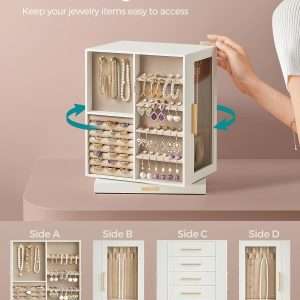 SONGMICS Jewelry Box 360° Rotating, Jewelry Storage Case with 5 Drawers, Jewelry Organizer, Glass Window, Spacious, Vertical Jewelry Storage, Open Design, Great Gift, Cloud White - 3