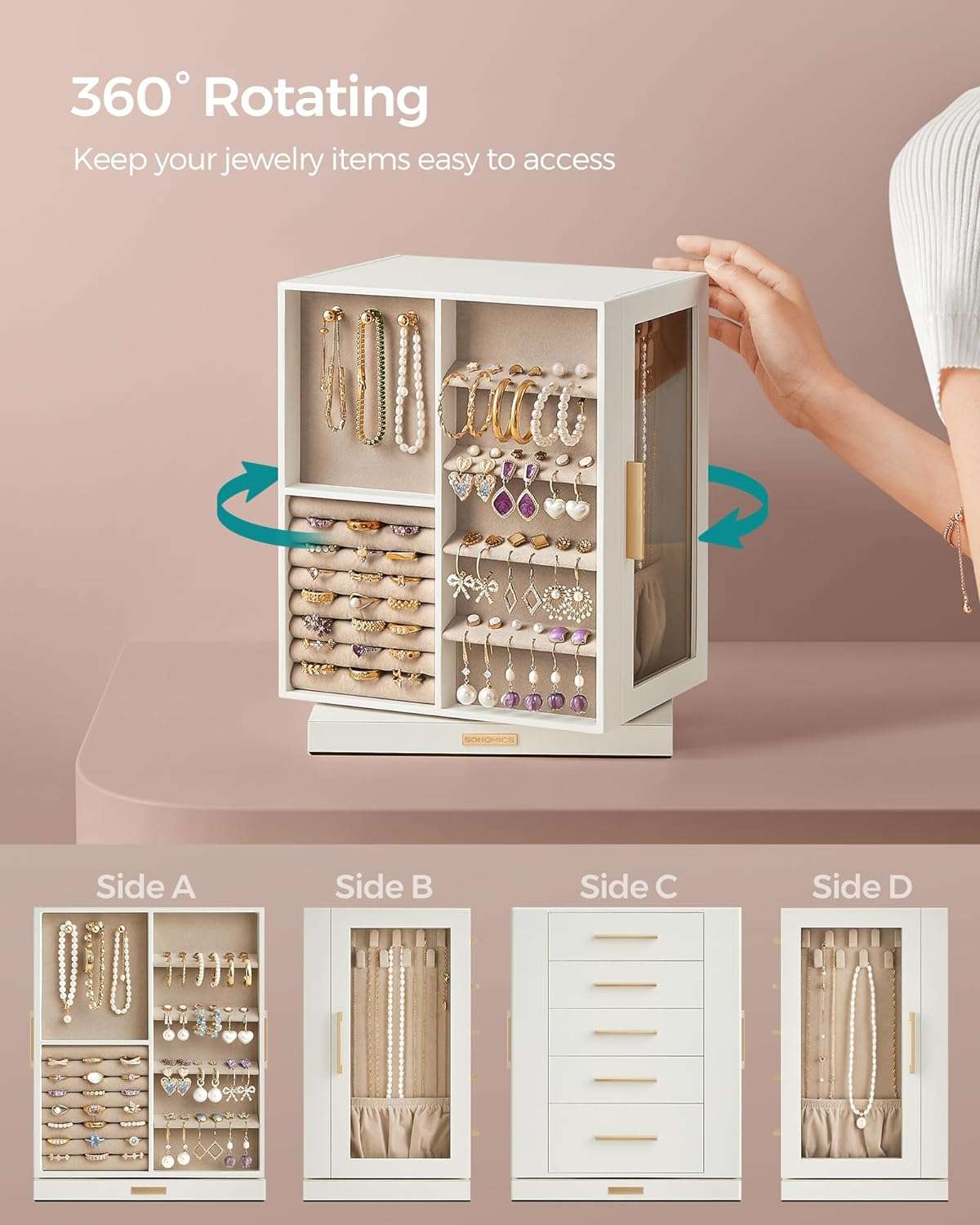 SONGMICS Jewelry Box 360° Rotating, Jewelry Storage Case with 5 Drawers, Jewelry Organizer, Glass Window, Spacious, Vertical Jewelry Storage, Open Design, Great Gift, Cloud White - 3