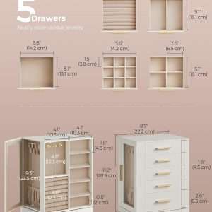 SONGMICS Jewelry Box 360° Rotating, Jewelry Storage Case with 5 Drawers, Jewelry Organizer, Glass Window, Spacious, Vertical Jewelry Storage, Open Design, Great Gift, Cloud White - 4