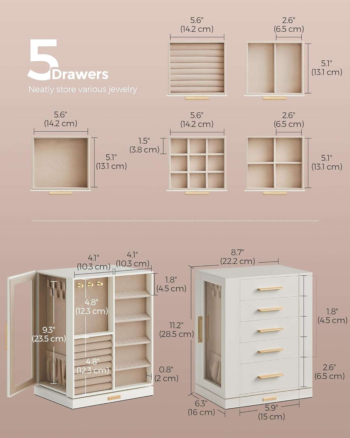 SONGMICS Jewelry Box 360° Rotating, Jewelry Storage Case with 5 Drawers, Jewelry Organizer, Glass Window, Spacious, Vertical Jewelry Storage, Open Design, Great Gift, Cloud White - 4