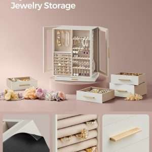 SONGMICS Jewelry Box 360° Rotating, Jewelry Storage Case with 5 Drawers, Jewelry Organizer, Glass Window, Spacious, Vertical Jewelry Storage, Open Design, Great Gift, Cloud White - 5