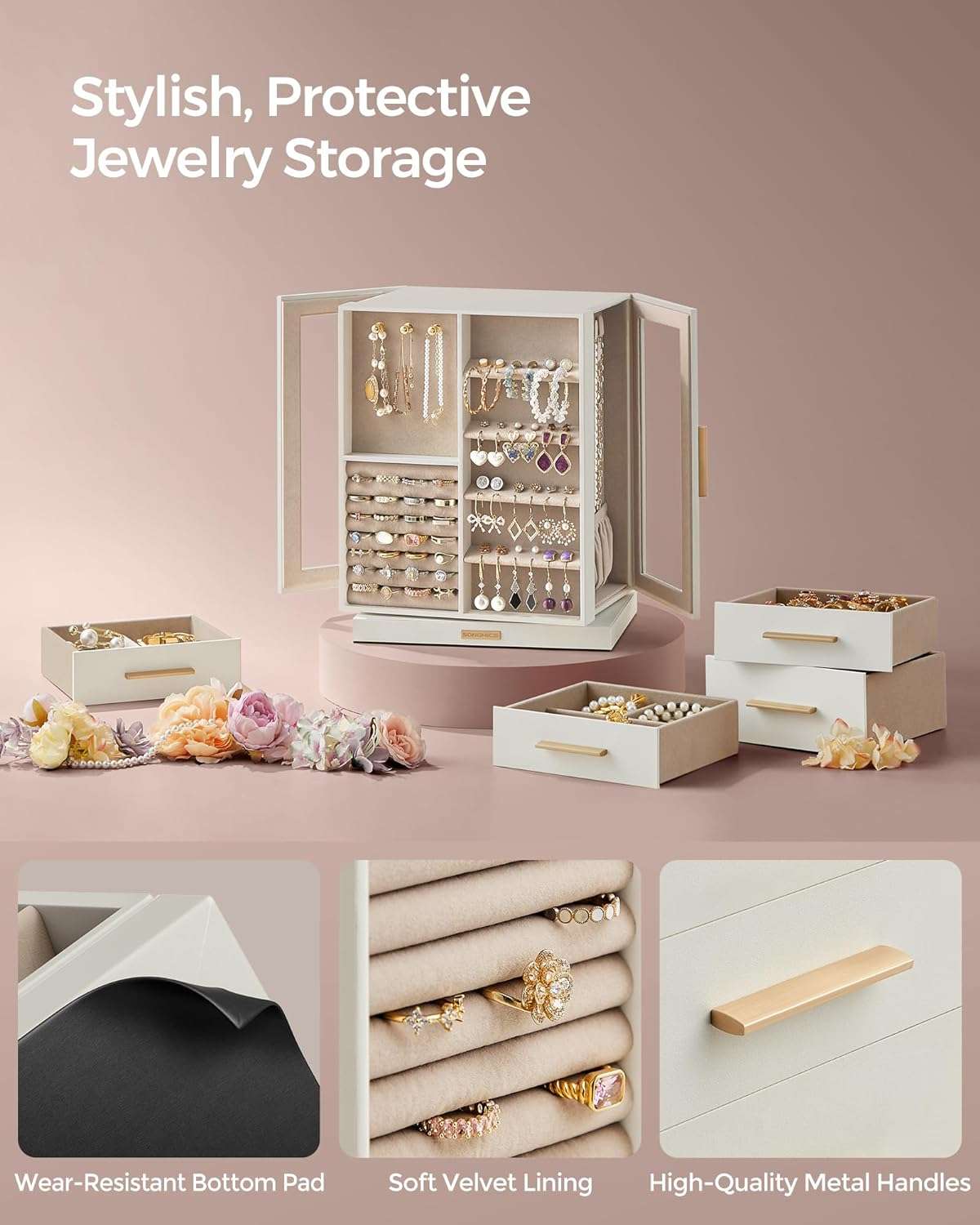 SONGMICS Jewelry Box 360° Rotating, Jewelry Storage Case with 5 Drawers, Jewelry Organizer, Glass Window, Spacious, Vertical Jewelry Storage, Open Design, Great Gift, Cloud White - 5