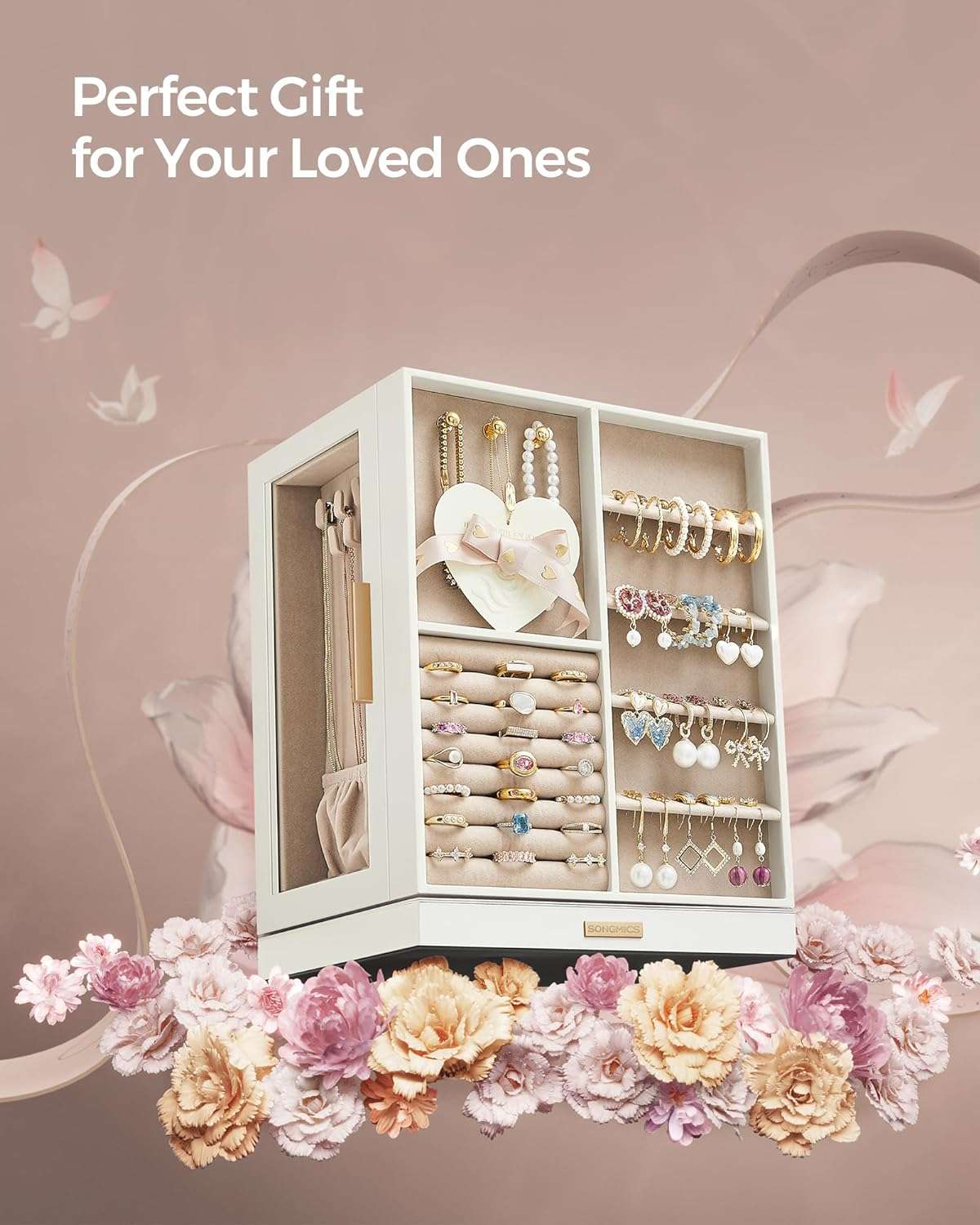 SONGMICS Jewelry Box 360° Rotating, Jewelry Storage Case with 5 Drawers, Jewelry Organizer, Glass Window, Spacious, Vertical Jewelry Storage, Open Design, Great Gift, Cloud White - 6