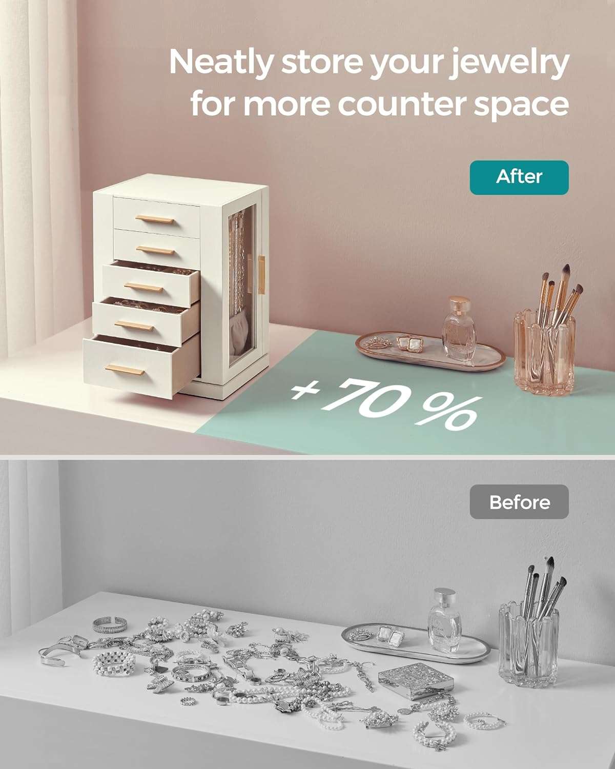 SONGMICS Jewelry Box 360° Rotating, Jewelry Storage Case with 5 Drawers, Jewelry Organizer, Glass Window, Spacious, Vertical Jewelry Storage, Open Design, Great Gift, Cloud White - 7