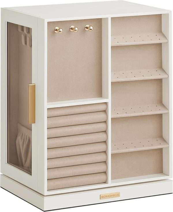 SONGMICS Jewelry Box 360° Rotating, Jewelry Storage Case with 5 Drawers, Jewelry Organizer, Glass Window, Spacious, Vertical Jewelry Storage, Open Design, Great Gift, Cloud White - 8