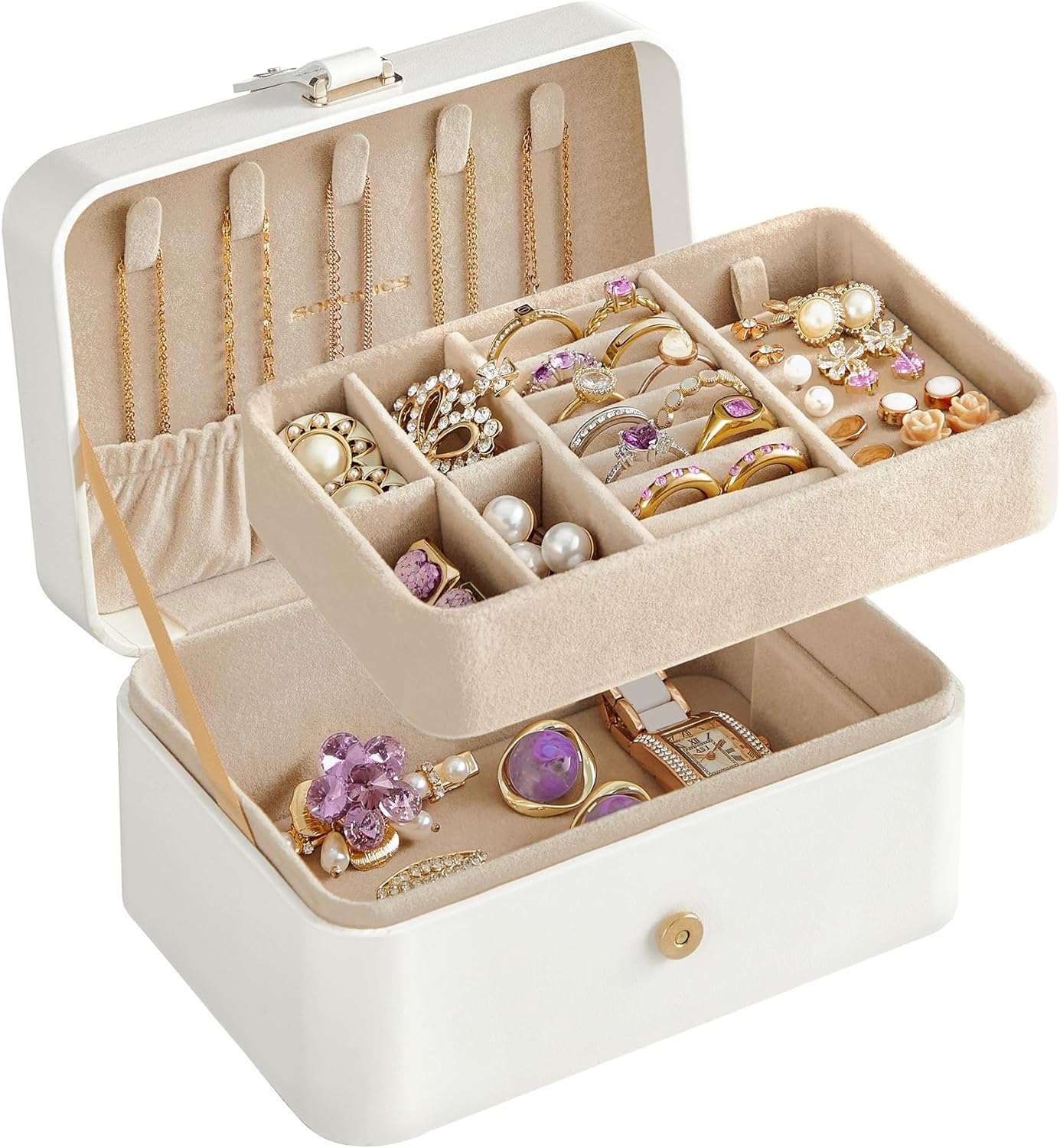 SONGMICS Jewelry Box, Travel Jewelry Case, 2-Layer Jewelry Holder Organizer, 4.6 x 6.3 x 3 Inches, Portable, Versatile Earring Storage, for Larger Accessories, Gift Idea, Cloud White - 1