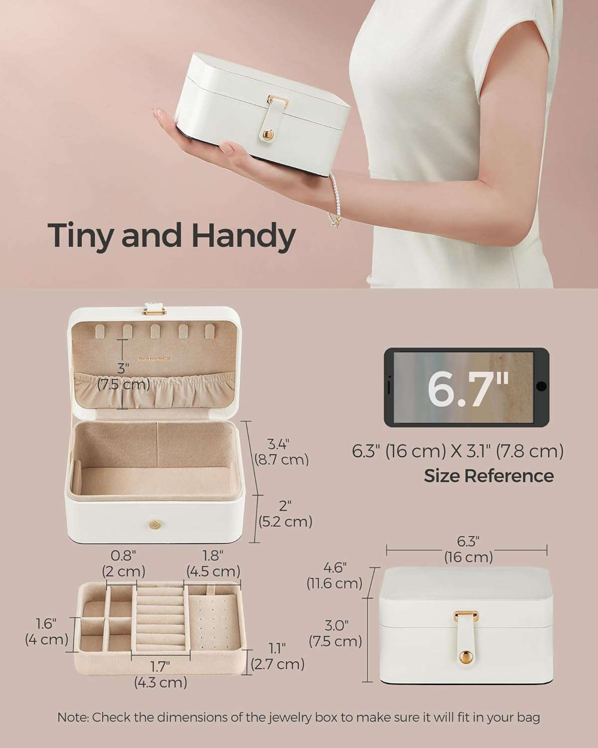 SONGMICS Jewelry Box, Travel Jewelry Case, 2-Layer Jewelry Holder Organizer, 4.6 x 6.3 x 3 Inches, Portable, Versatile Earring Storage, for Larger Accessories, Gift Idea, Cloud White - 3